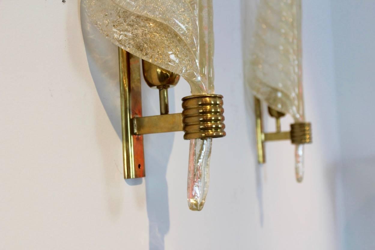 Italian Glamorous Pair of XL Murano Gold Flaked Glass Leaf Sconces by Barovier & Toso