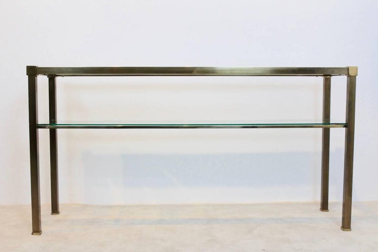 Two Tiered Console With Patinated Brass, Lincoln Tempered Glass Top Console Table