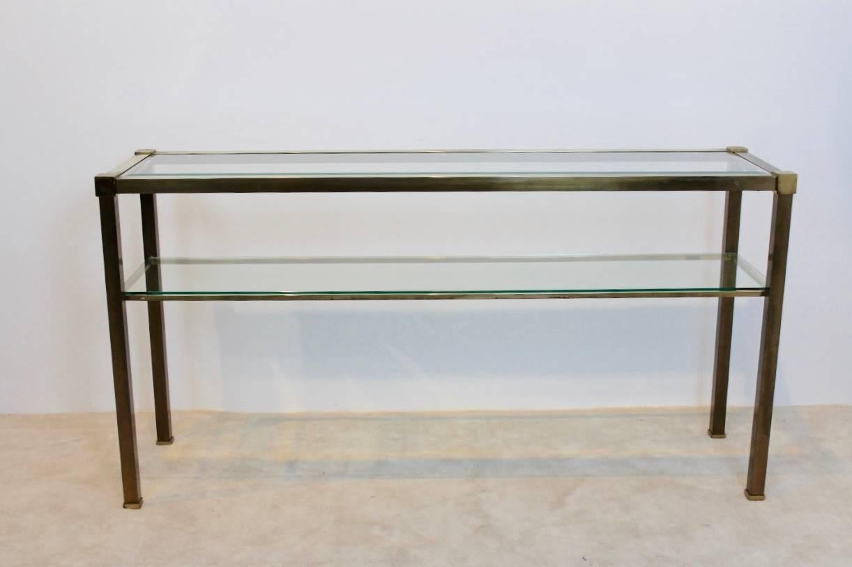 French Two-Tiered Console with Patinated Brass and Facet Glass Top In Good Condition In Voorburg, NL