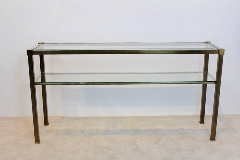 Two Tiered Console With Patinated Brass, Lincoln Tempered Glass Top Console Table