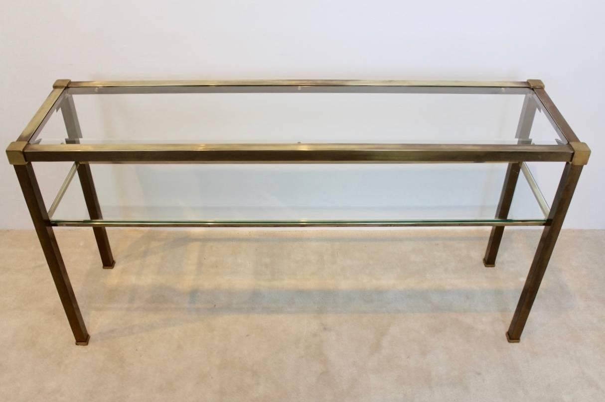 20th Century French Two-Tiered Console with Patinated Brass and Facet Glass Top