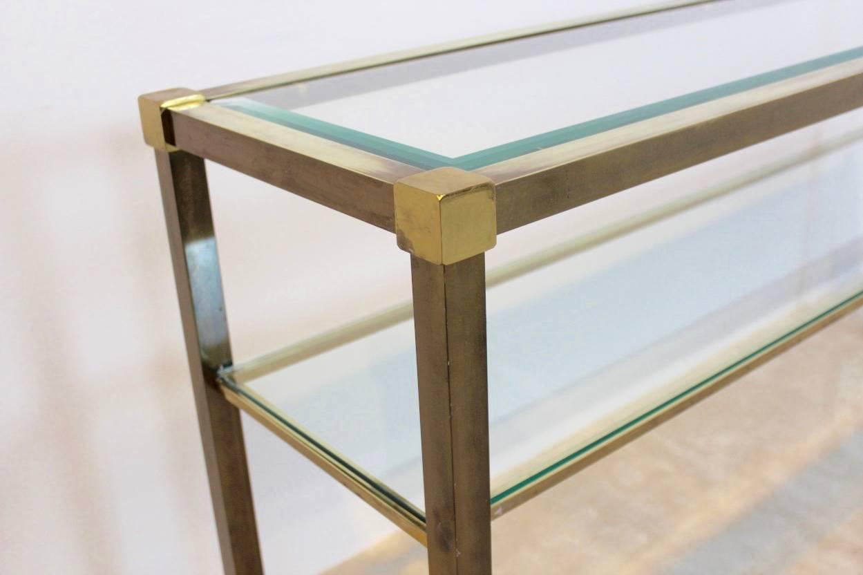 Hollywood Regency French Two-Tiered Console with Patinated Brass and Facet Glass Top