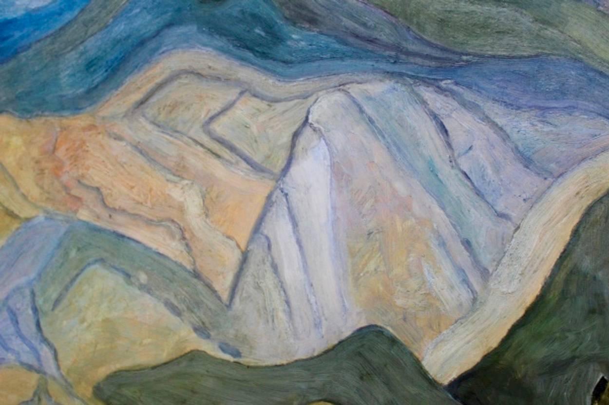 Bergblick in der Provence, handgefertigtes Gemälde von Hans Butzelaar, Niederlande. Öl auf Platte mit herrlichen Farben. Eine gedämpfte Farbpalette kennzeichnet sein Werk.
Hans Butzelaar, 1945 in Amsterdam geboren, hat sich schon immer für die