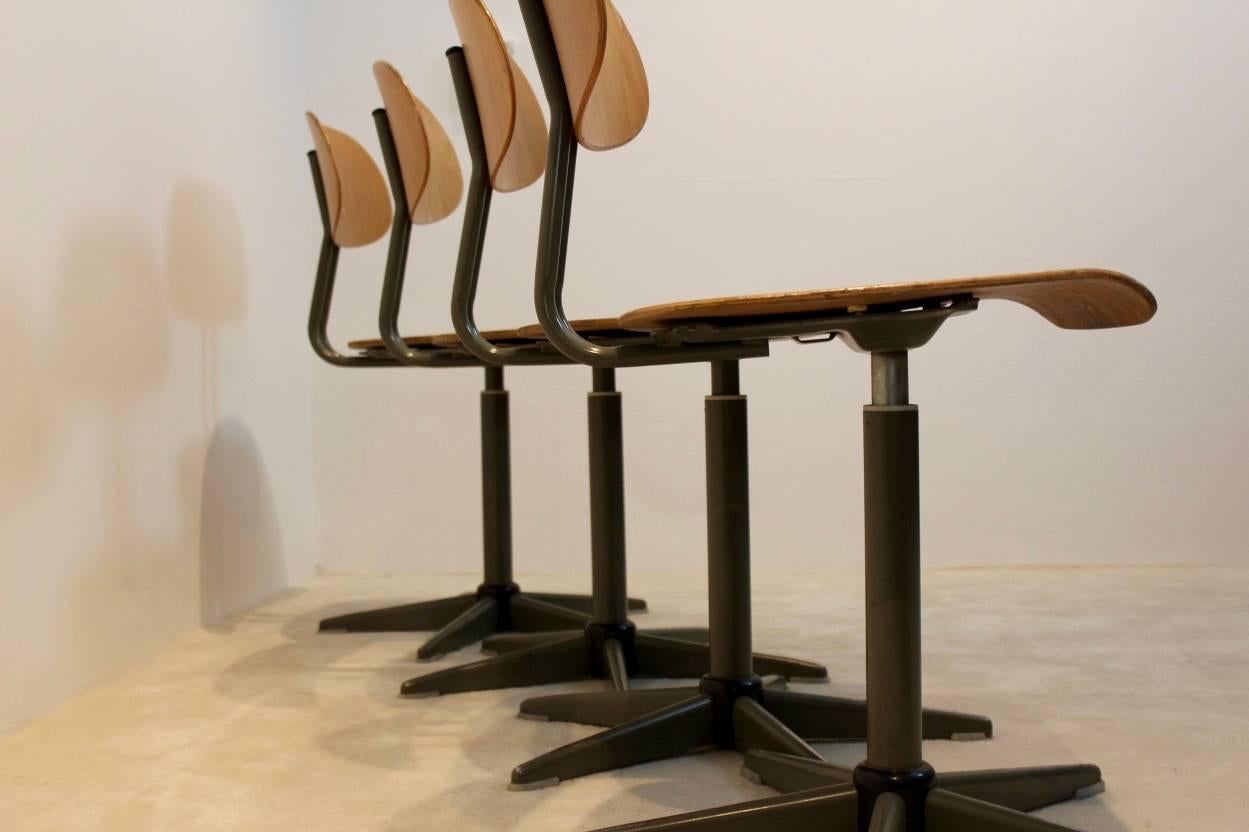 Very comfortable Industrial plywood swivel chairs, produced in Holland in the 1960s. The chairs have a grey tubular metal frame and beautifully curved plywood seats and backrests. All directly from the Atelier and wear consistent with age and use,