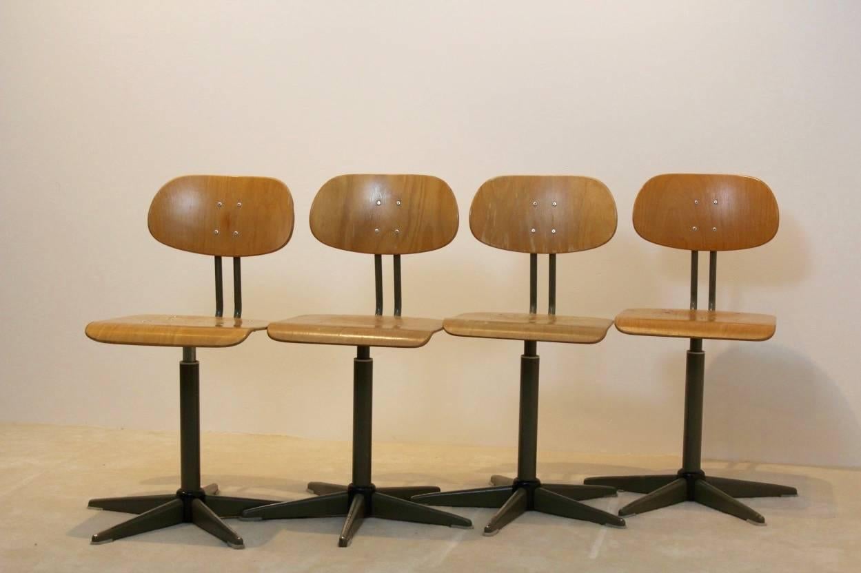 Dutch Industrial Plywood Swivel Chairs, Netherlands, 1960s