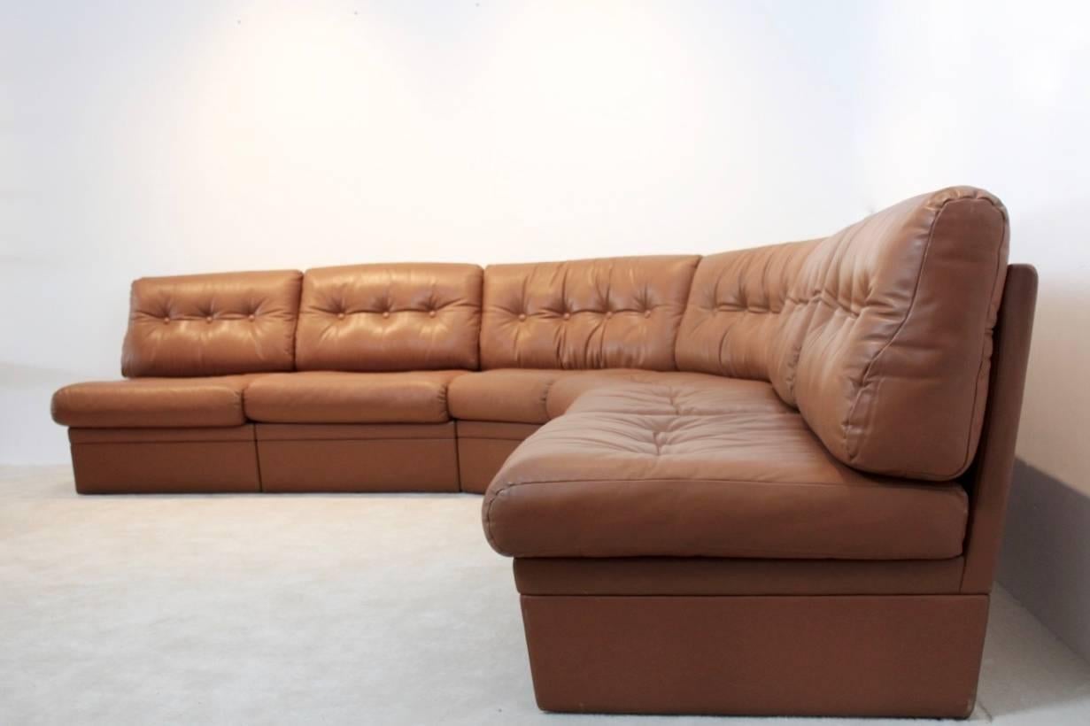 Mid-Century Modern Grand Sectional Lounge Sofa in Cognac Leather