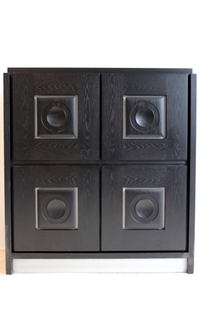 Black oak ebonized graphic modern sideboard, Belgium made. Four graphical doors a play on perspective effects. Inside multiple shelves, plenty of storage places and a special bar place. The graphic structure on the doors are impressive and brings a