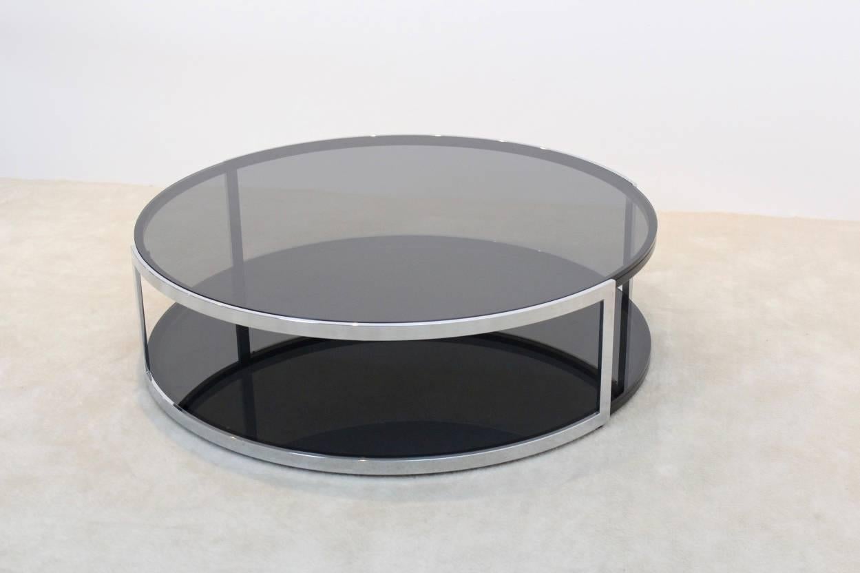 Hollywood Regency Belgochrom Chrome and Smoked Glass Coffee Table