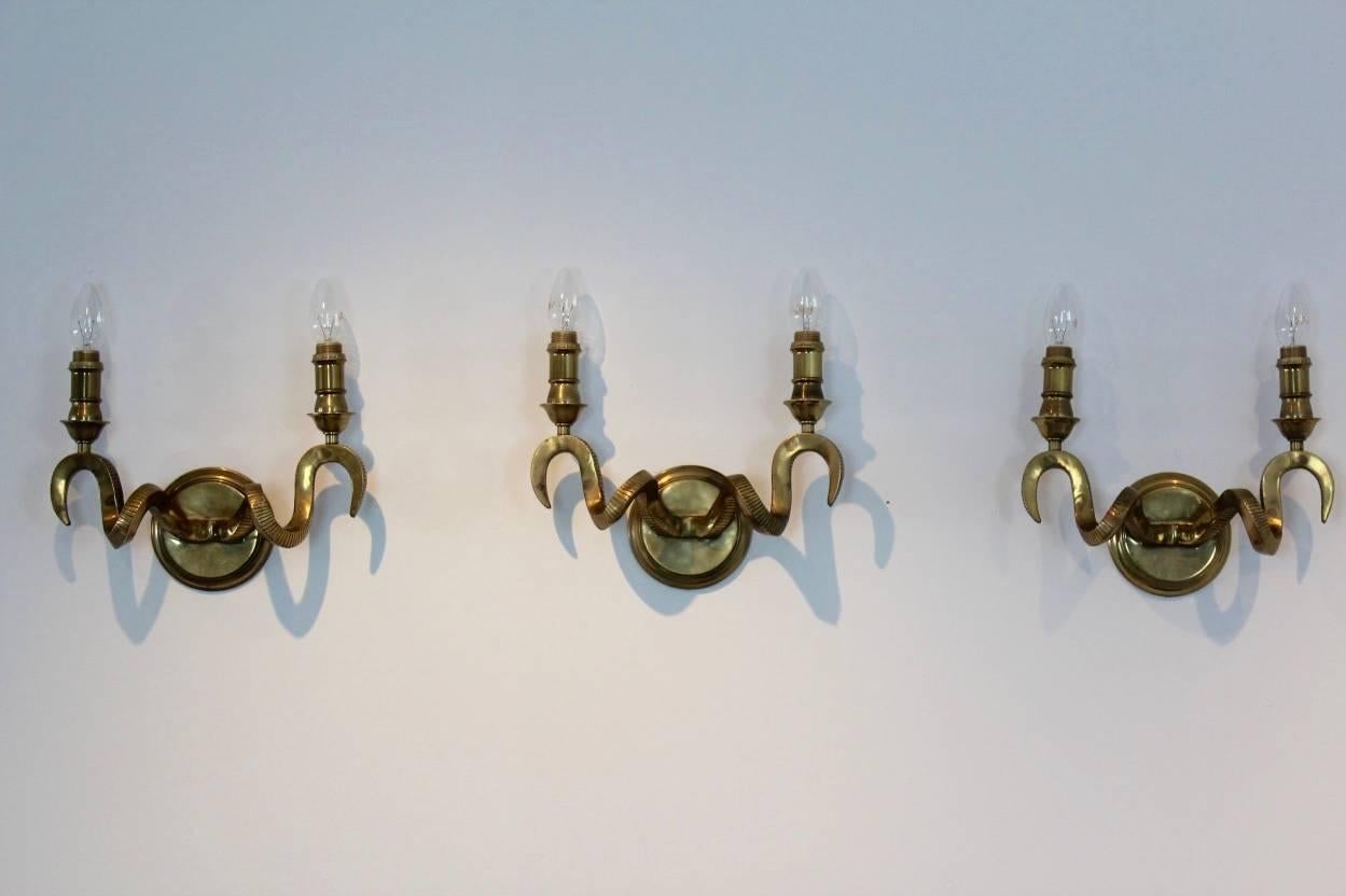 German Set of Three Brass Kullmann Ram’s Head Wall Sconces