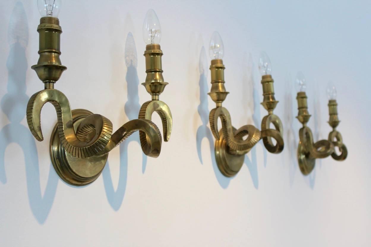 Mid-Century Modern Set of Three Brass Kullmann Ram’s Head Wall Sconces
