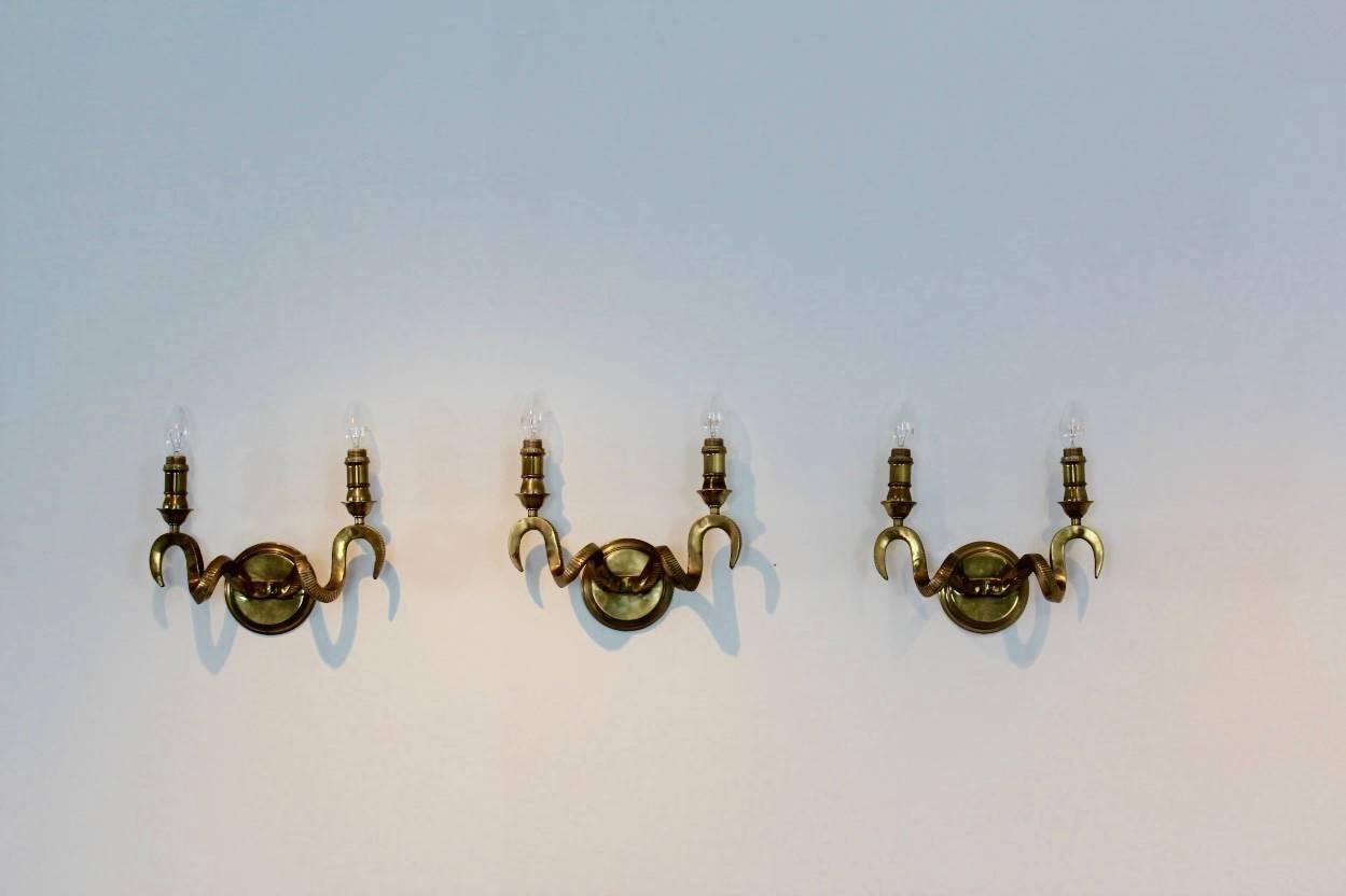 Set of Three Brass Kullmann Ram’s Head Wall Sconces 2
