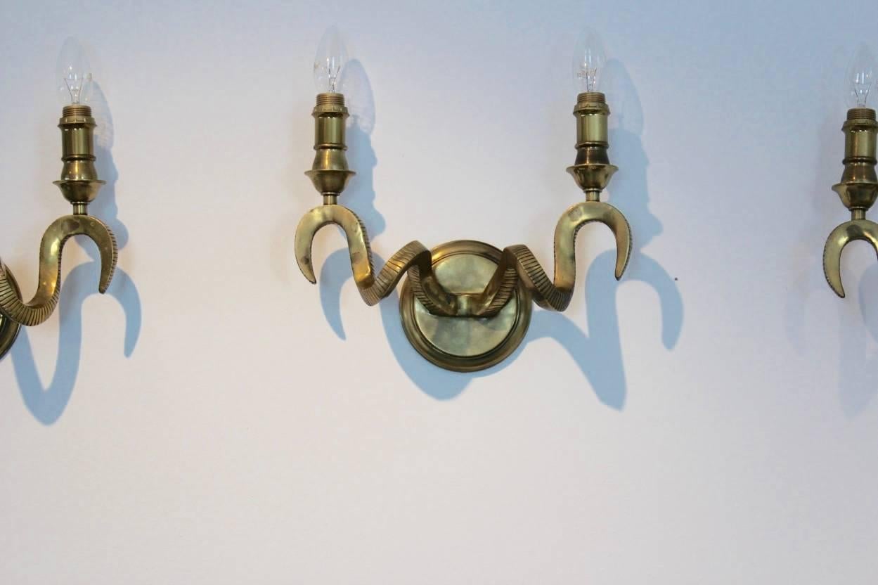 Set of Three Brass Kullmann Ram’s Head Wall Sconces 3