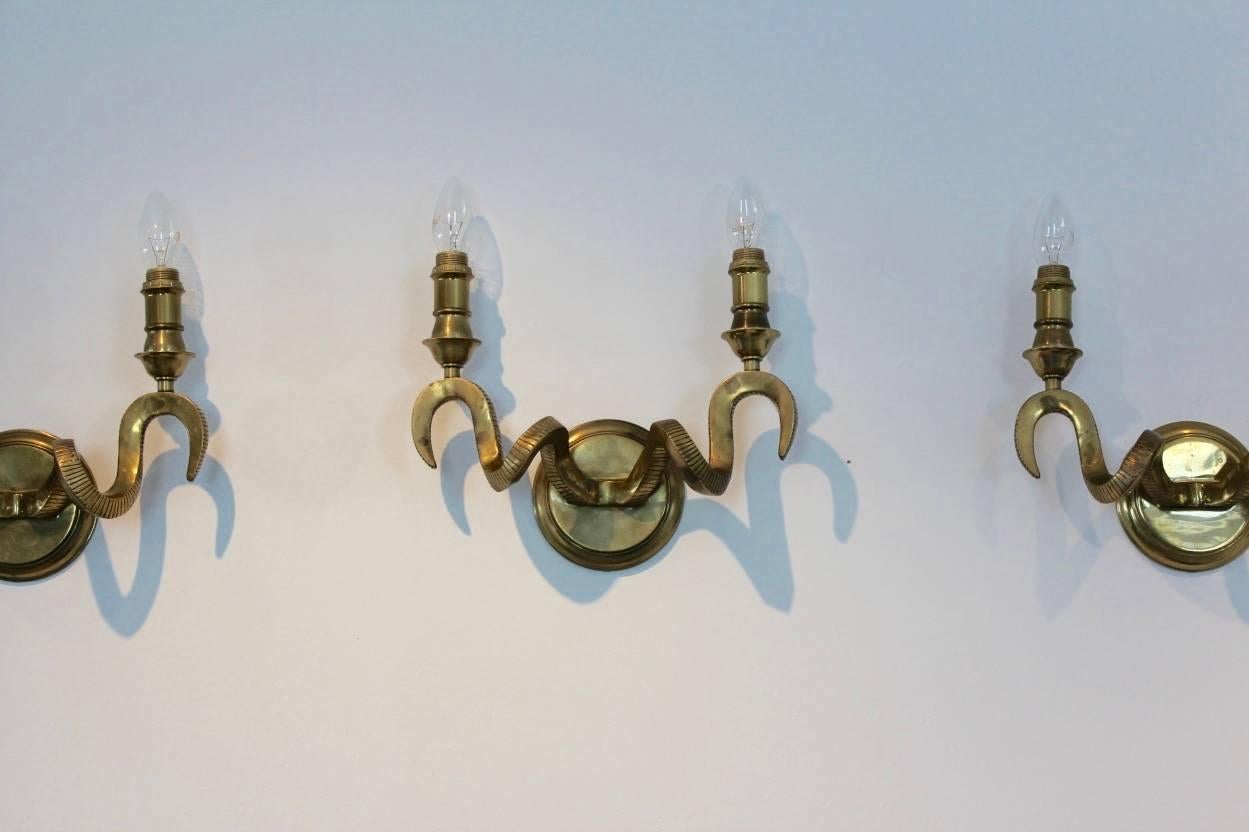 Set of Three Brass Kullmann Ram’s Head Wall Sconces 4