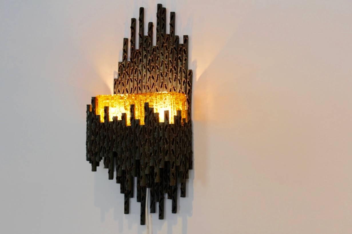 20th Century Marcello Fantoni Brutalist Metal Sculptured Wall Lamp, Italy For Sale