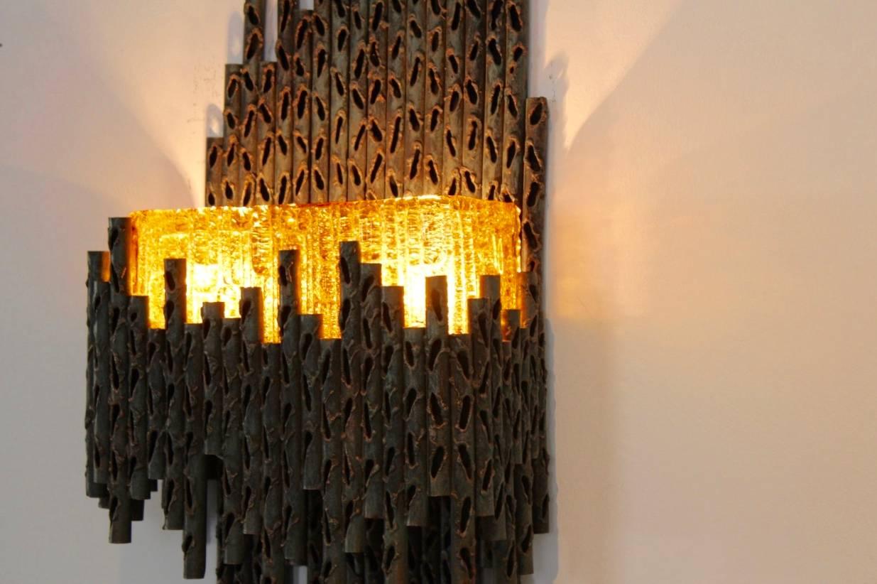 Marcello Fantoni Brutalist Metal Sculptured Wall Lamp, Italy For Sale 1