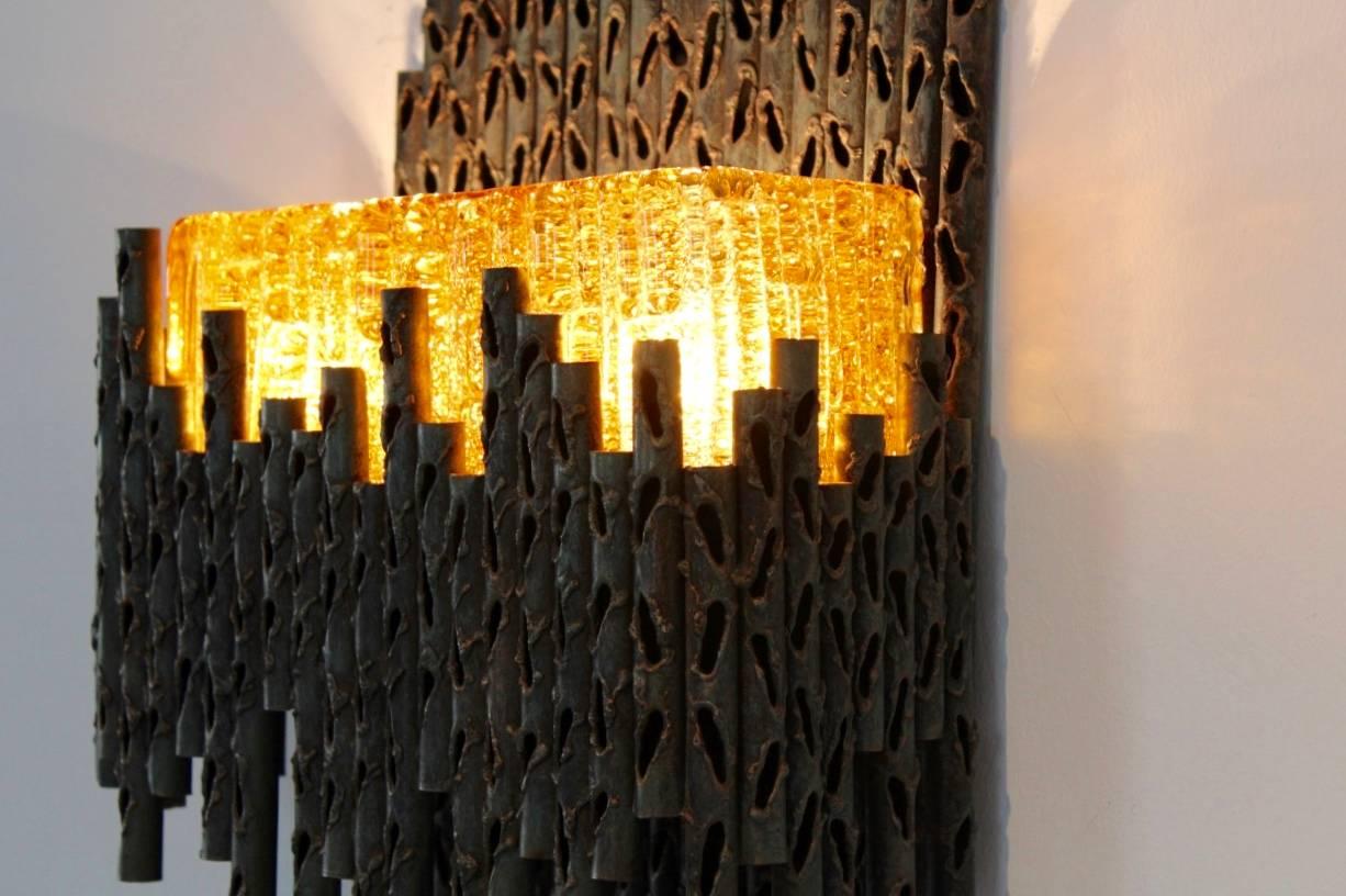 Cut Steel Marcello Fantoni Brutalist Metal Sculptured Wall Lamp, Italy For Sale