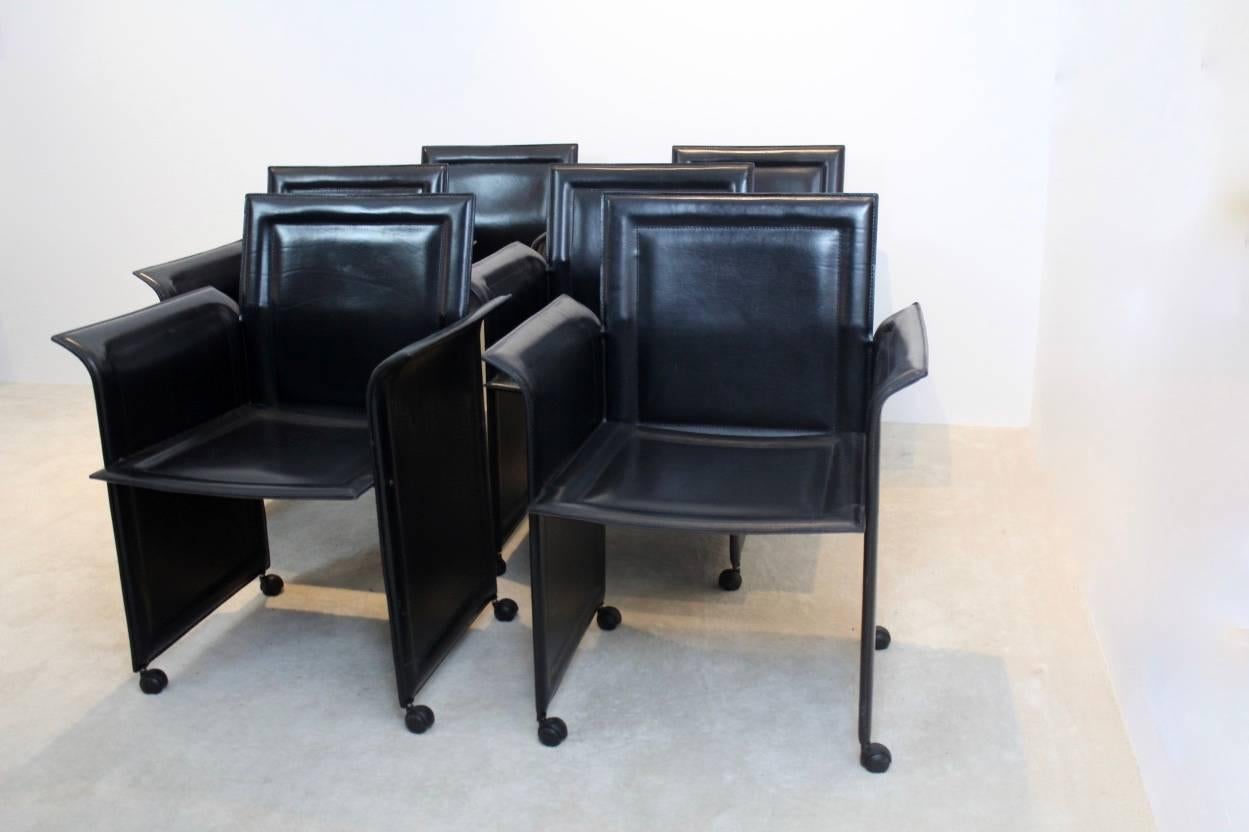 Steel Set of Four Black Matteo Grassi Leather Diner Chairs, Italy, 1970s