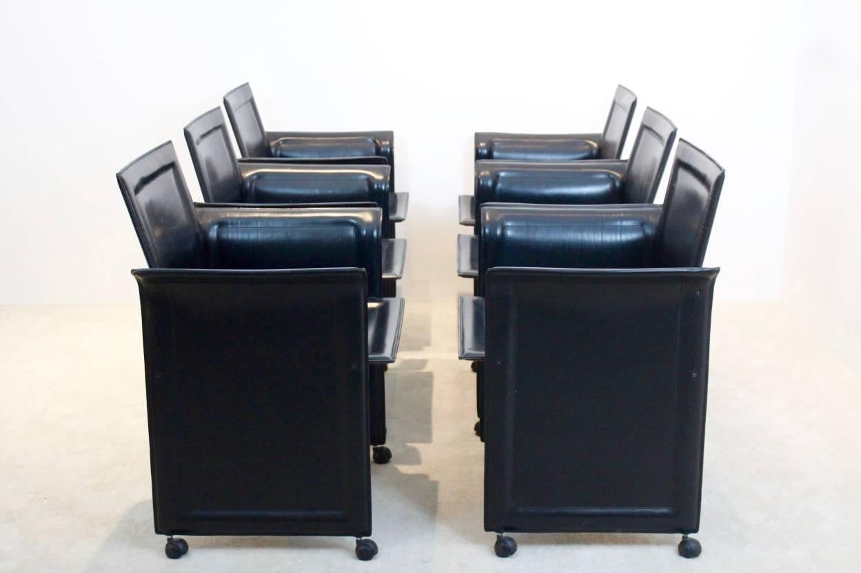 Set of Four Black Matteo Grassi Leather Diner Chairs, Italy, 1970s In Excellent Condition In Voorburg, NL