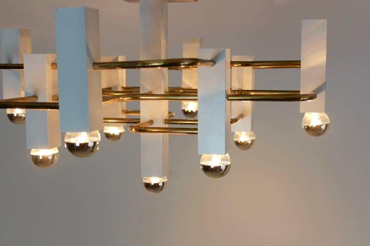 Unique Geometric Brass and White Chandelier by Gaetano Sciolari for SA Boulanger In Excellent Condition In Voorburg, NL