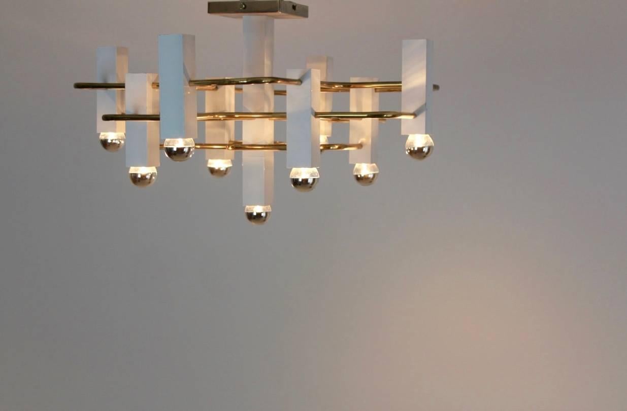 Mid-Century Modern Unique Geometric Brass and White Chandelier by Gaetano Sciolari for SA Boulanger