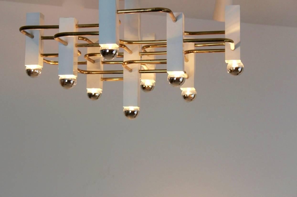 Unique Geometric Brass and White Chandelier by Gaetano Sciolari for SA Boulanger 2