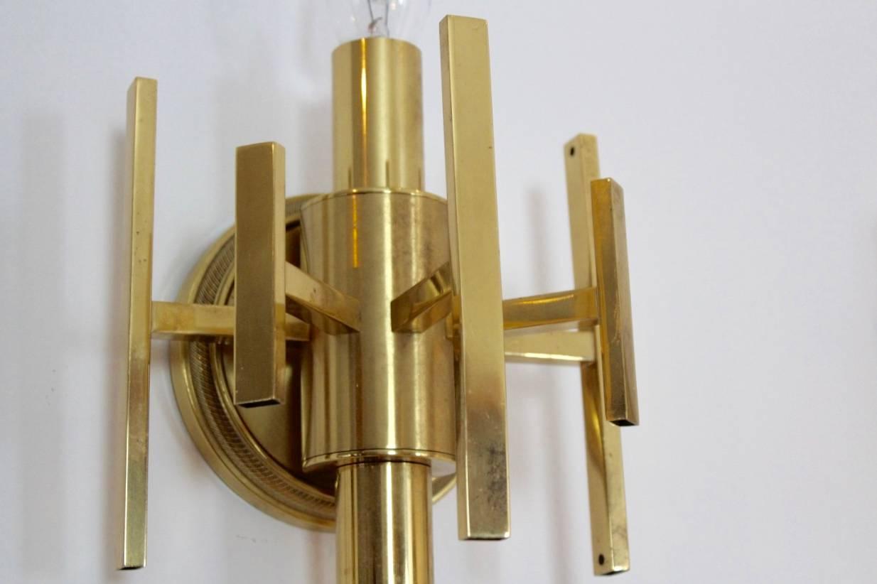 French Sophisticated Pair of Brass Wall Lamps, France, 1970s