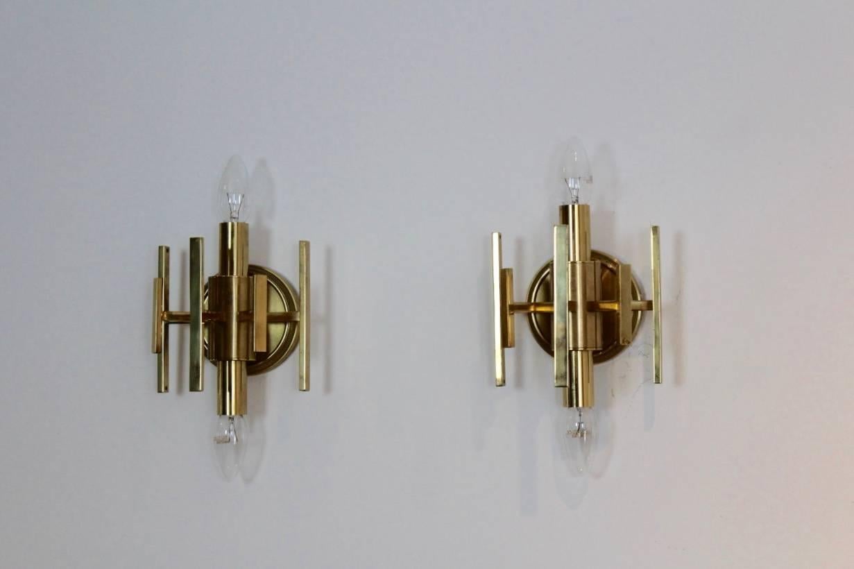 Sophisticated Pair of Brass Wall Lamps, France, 1970s 3