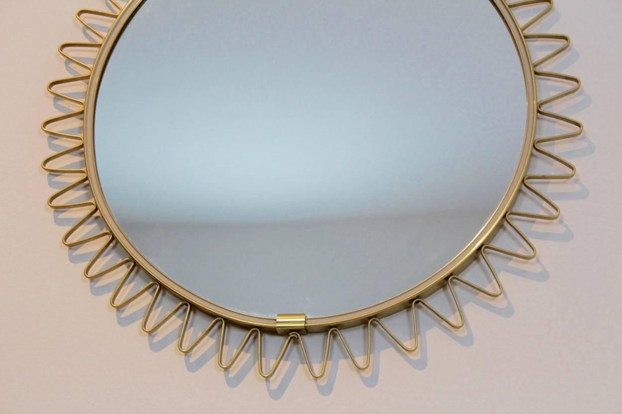 French Elegant Mid-Century Brass Framed Sunburst Mirror, France For Sale