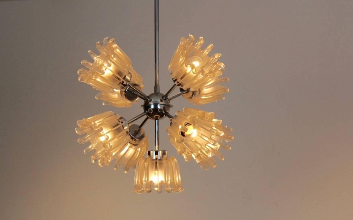 20th Century Sophisticated Chrome and Frosted Tulip Glass Chandelier by Doria For Sale