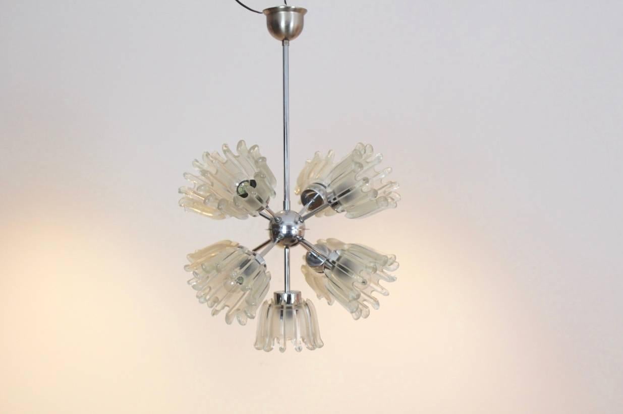 Sophisticated Chrome and Frosted Tulip Glass Chandelier by Doria For Sale 1