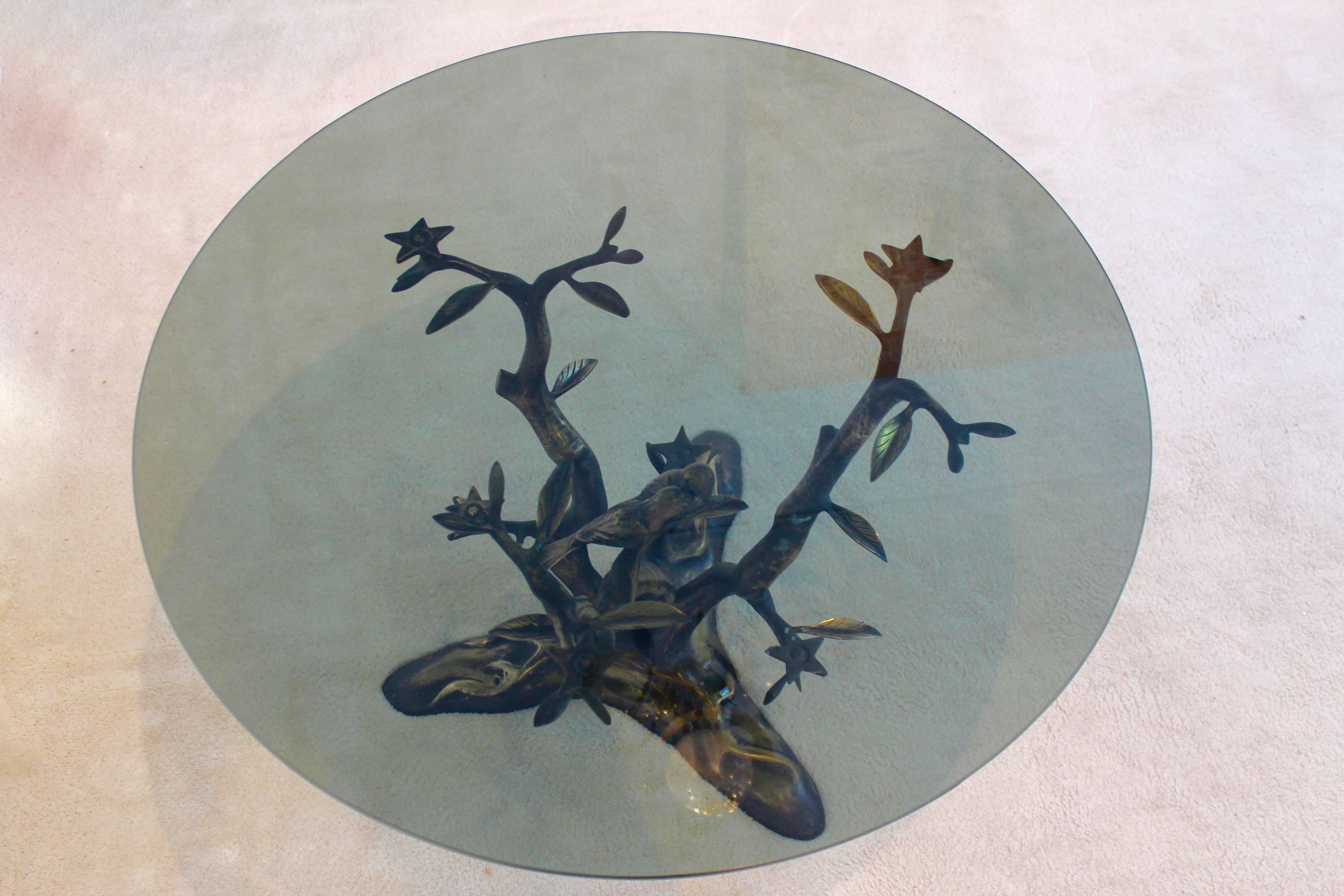 20th Century Sculptural Willy Daro Brass Tree Lovebirds Coffee Table