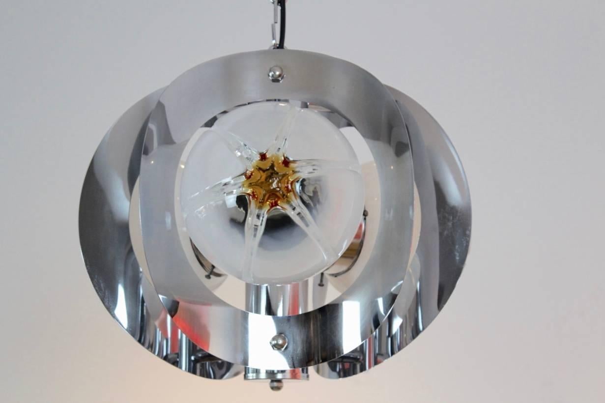 Mid-Century Modern Geometric Chrome and Frosted Glass Chandelier by A.V. Mazzega For Sale