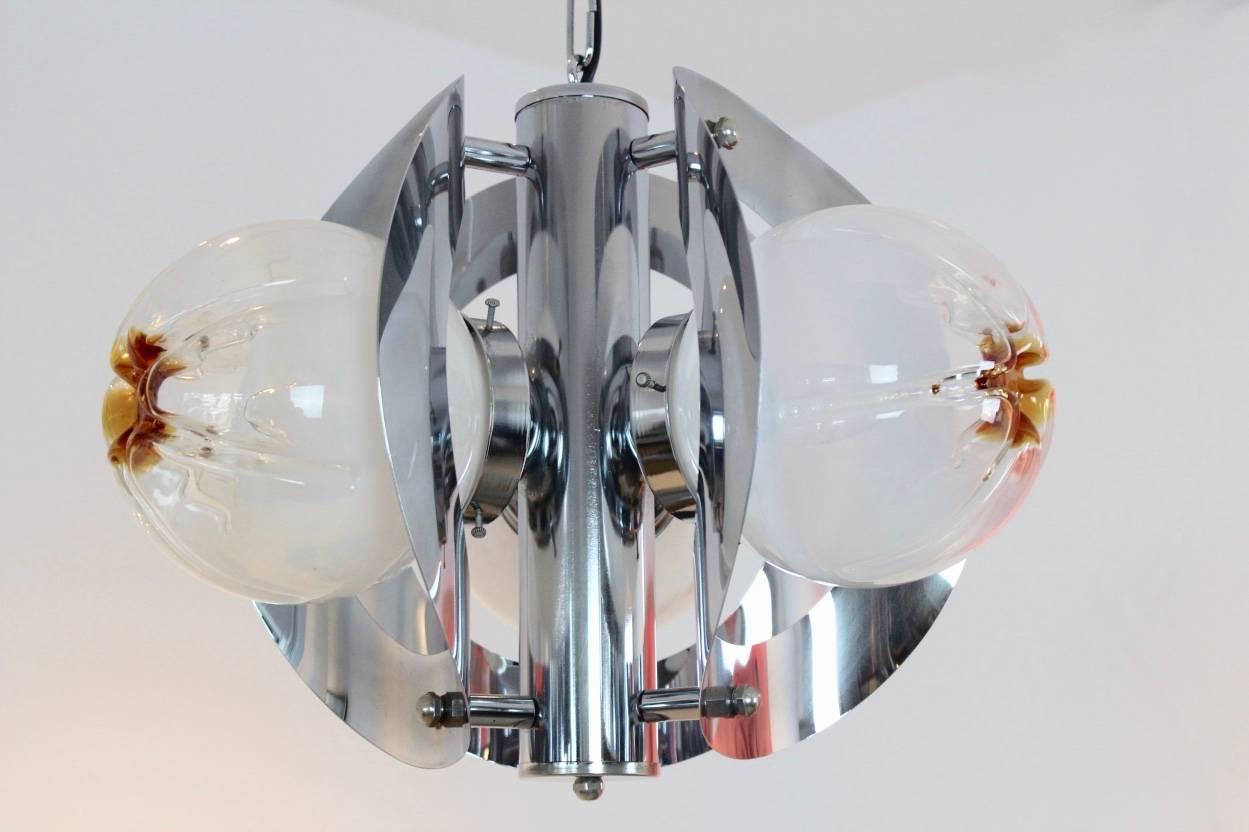 Geometric Chrome and Frosted Glass Chandelier by A.V. Mazzega In Excellent Condition For Sale In Voorburg, NL