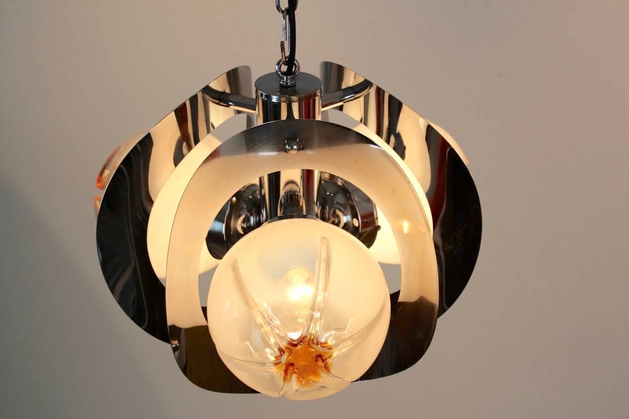 20th Century Geometric Chrome and Frosted Glass Chandelier by A.V. Mazzega For Sale