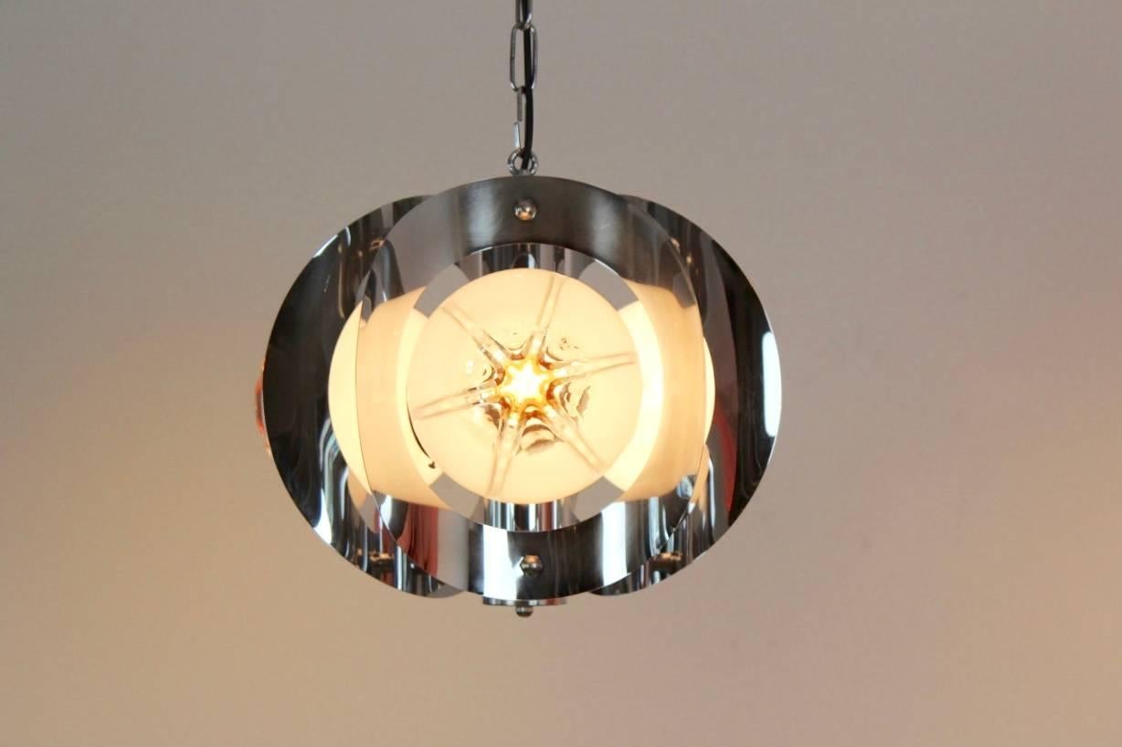 Murano Glass Geometric Chrome and Frosted Glass Chandelier by A.V. Mazzega For Sale