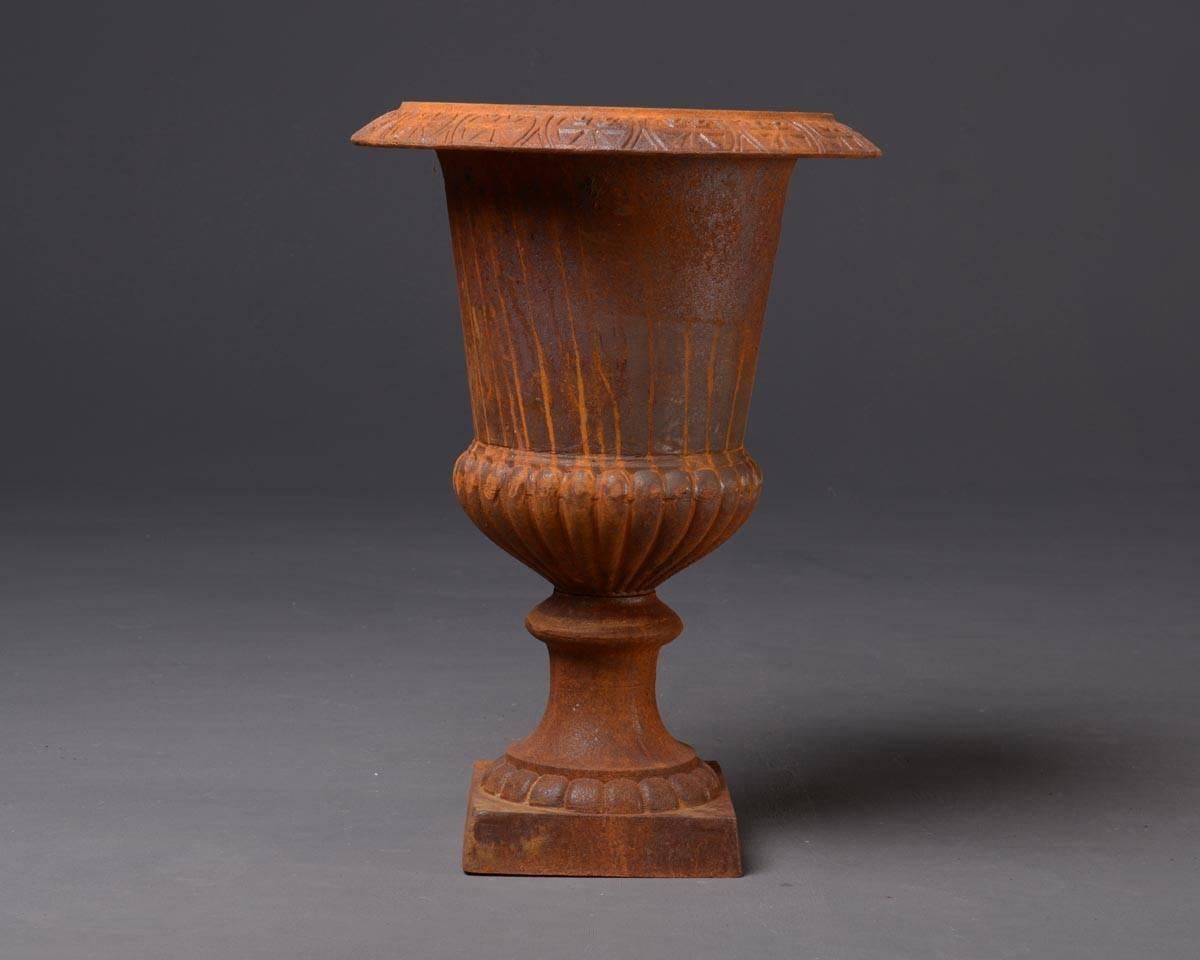 Flower pot formed like an urn, neoclassical style
Material: Cast iron, rusted
Measurements: height 70 x diameter 49 cm; inner diameter 26 cm.
  