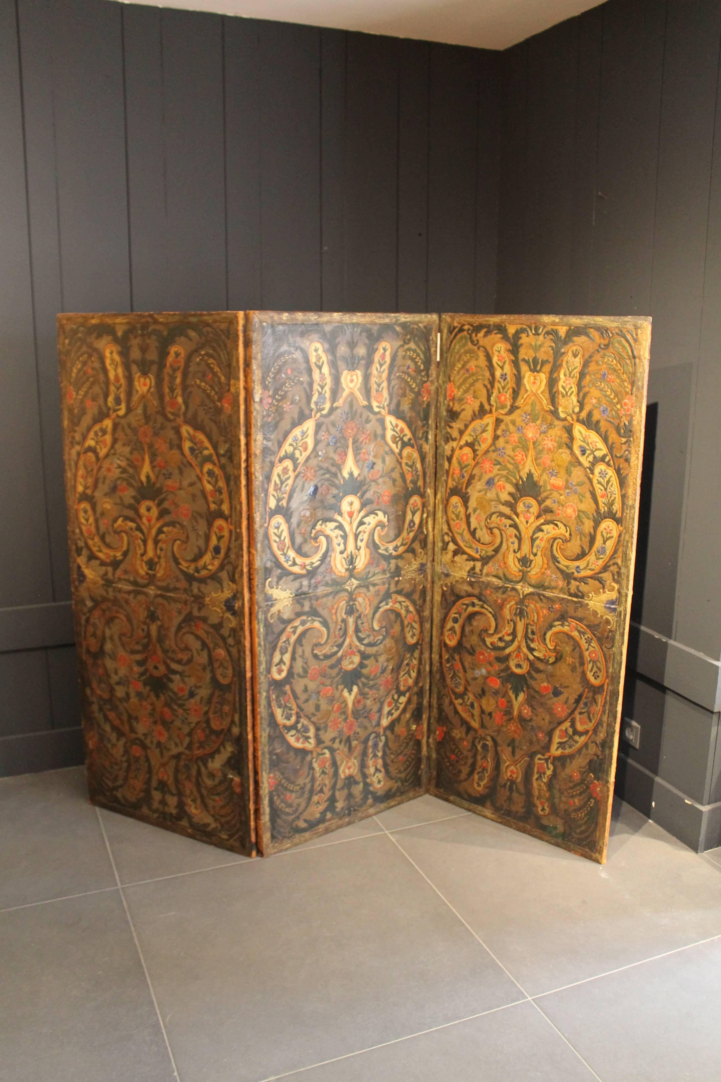 Spanish Colonial Antique Polychrome Cordovan Leather Screen, 18th Century For Sale