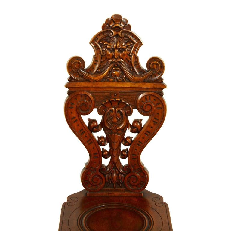 Late 19th Century Walnut Green Men Carved Chairs, Set of Two For Sale