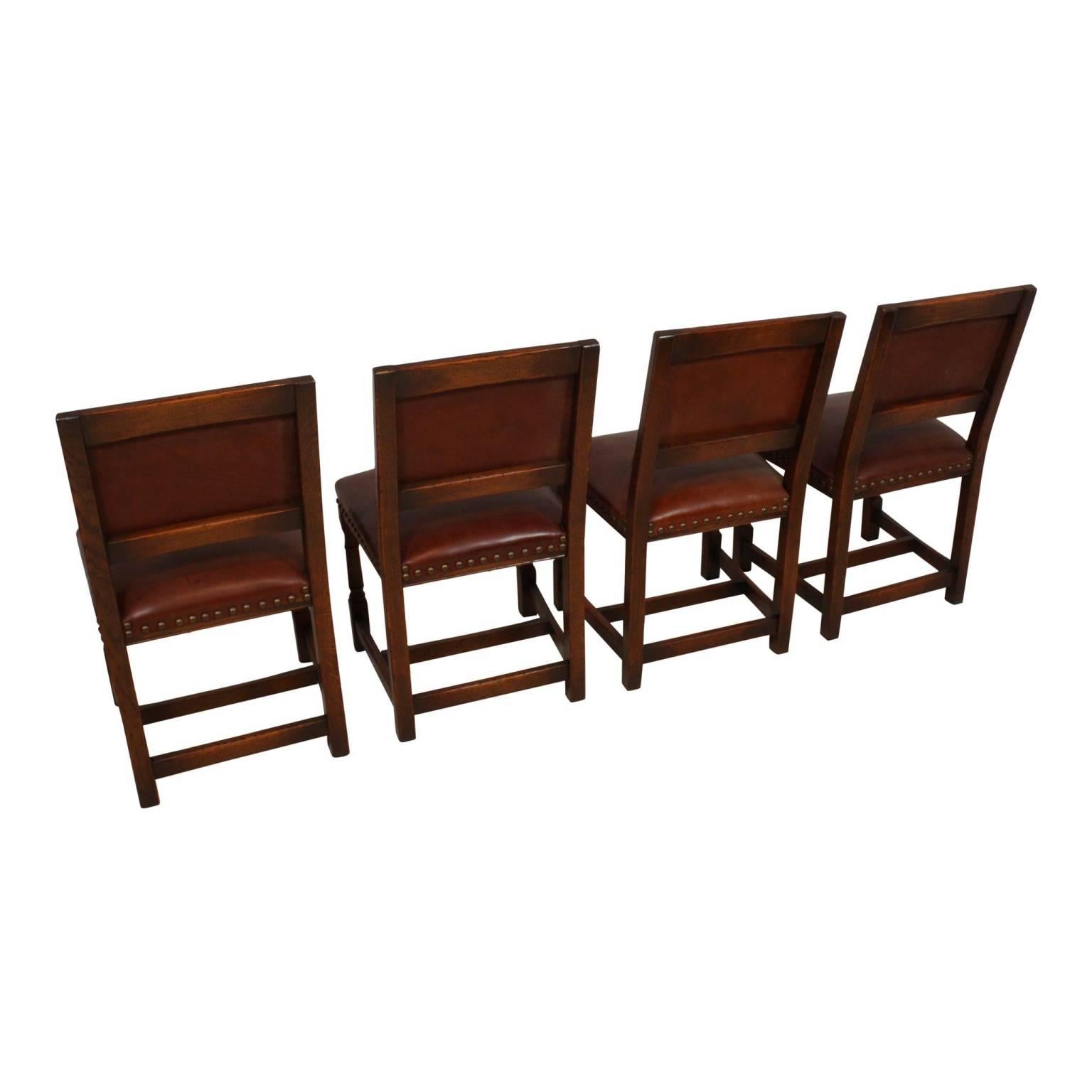 Mid-20th Century Oak Dining Room Table with Eight Leather Chairs 4