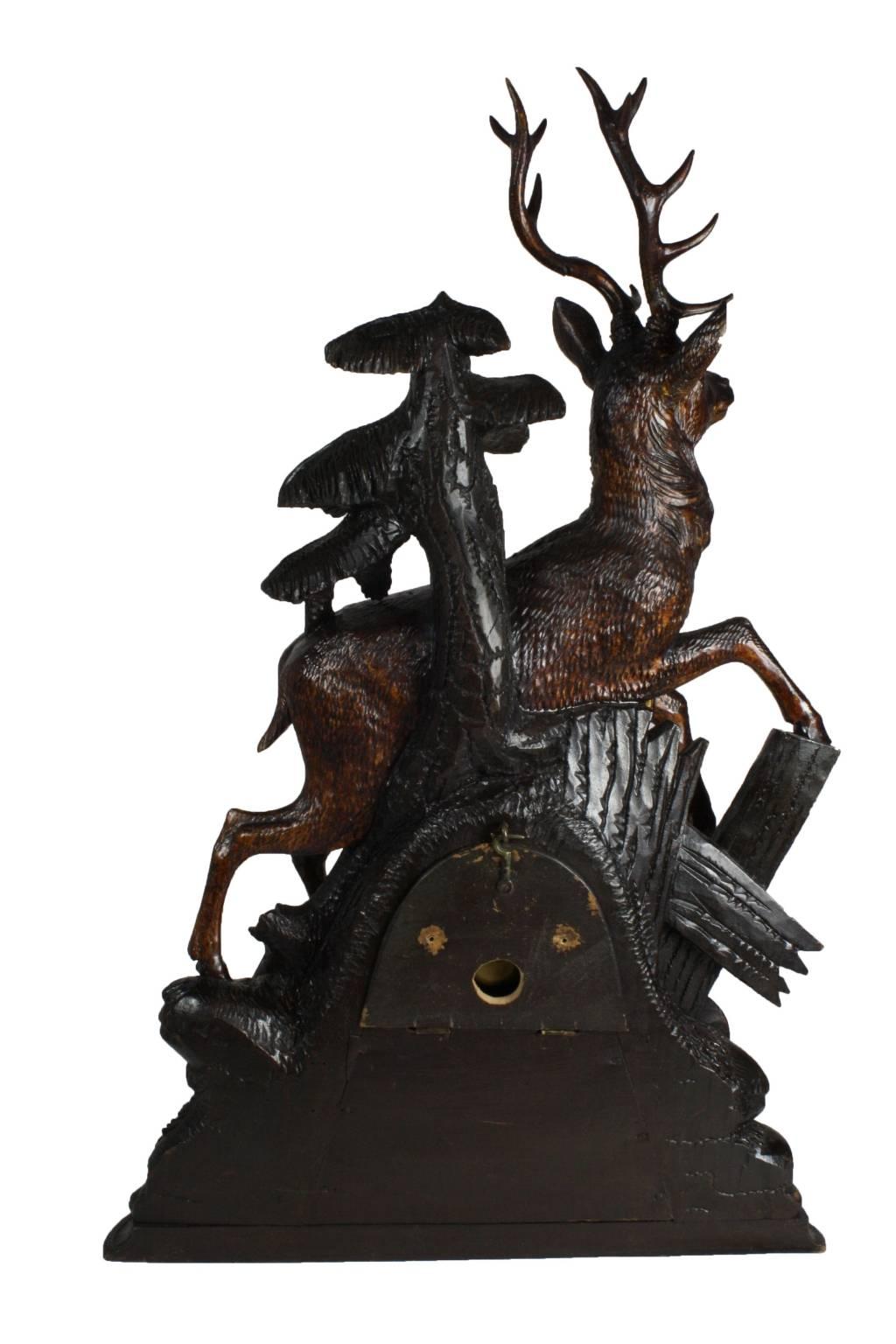 Carved Late 19th Century Black Forest Stag Mantel Clock