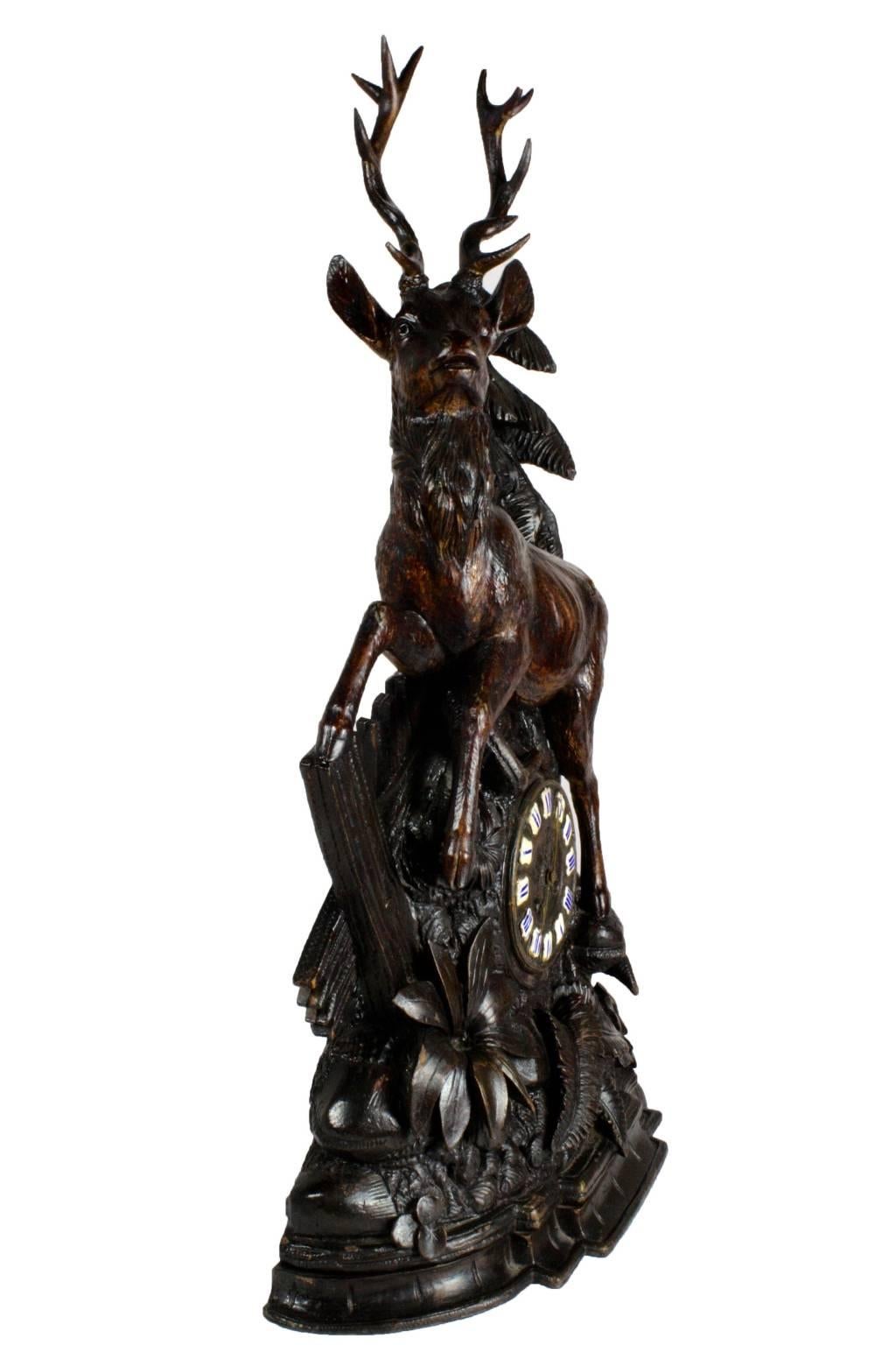 Swiss Late 19th Century Black Forest Stag Mantel Clock