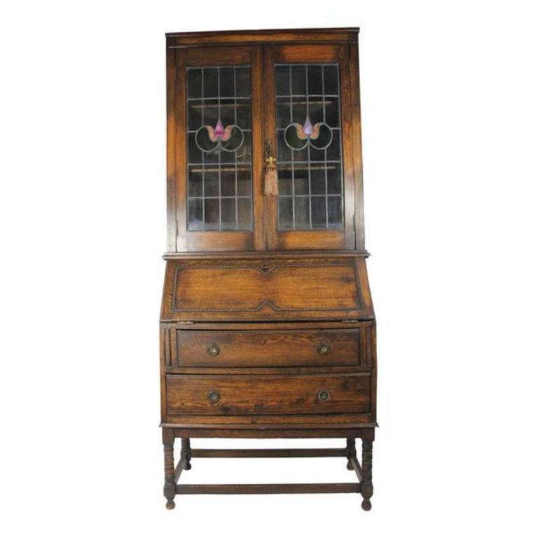 English Arts And Crafts Secretary With Hutch And Leaded Glass