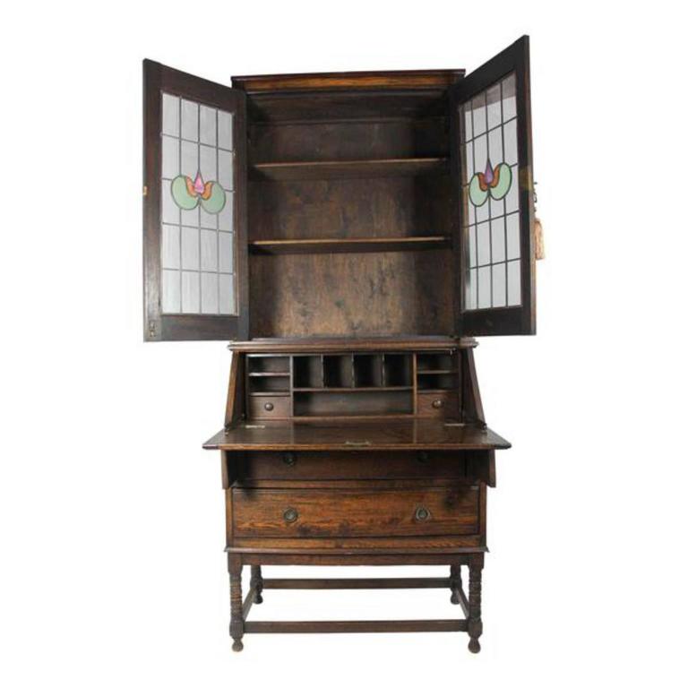 English Arts And Crafts Secretary With Hutch And Leaded Glass