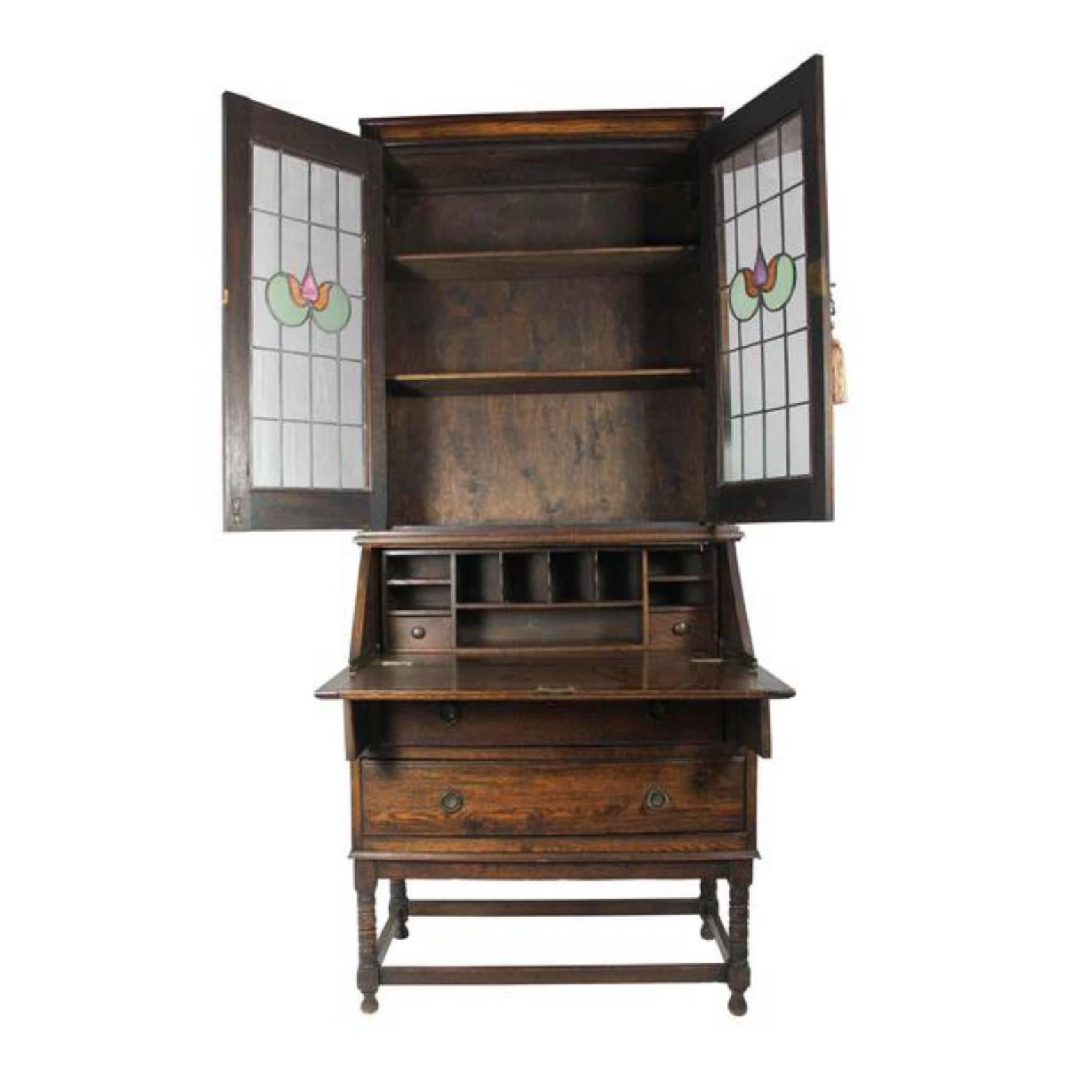 English Arts and Crafts Secretary with Hutch and Leaded Glass Doors In Good Condition In Evergreen, CO