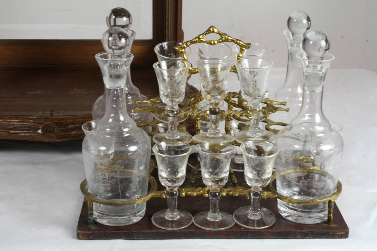 19th Century Swiss Walnut Liquor Box with Four Decanters and 16 Cordial/Aperitif Glasses For Sale
