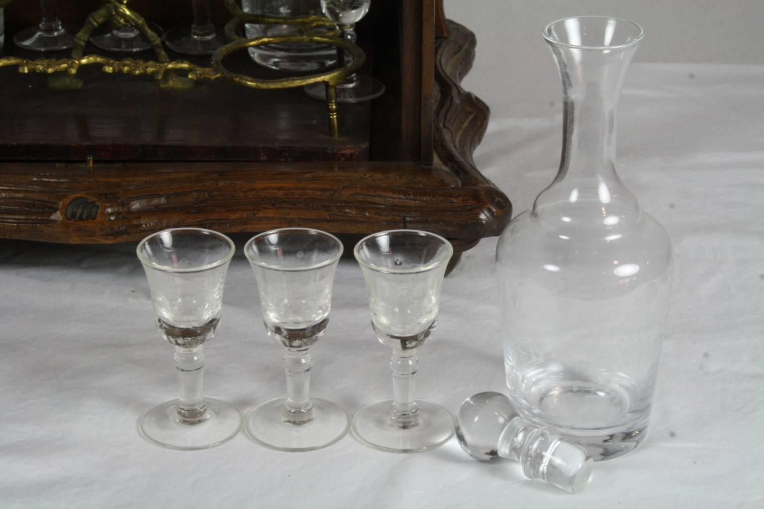 Swiss Walnut Liquor Box with Four Decanters and 16 Cordial/Aperitif Glasses For Sale 1