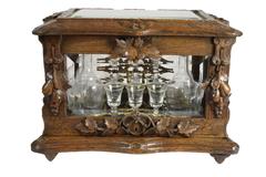 Swiss Walnut Liquor Box with Four Decanters and 16 Cordial/Aperitif Glasses