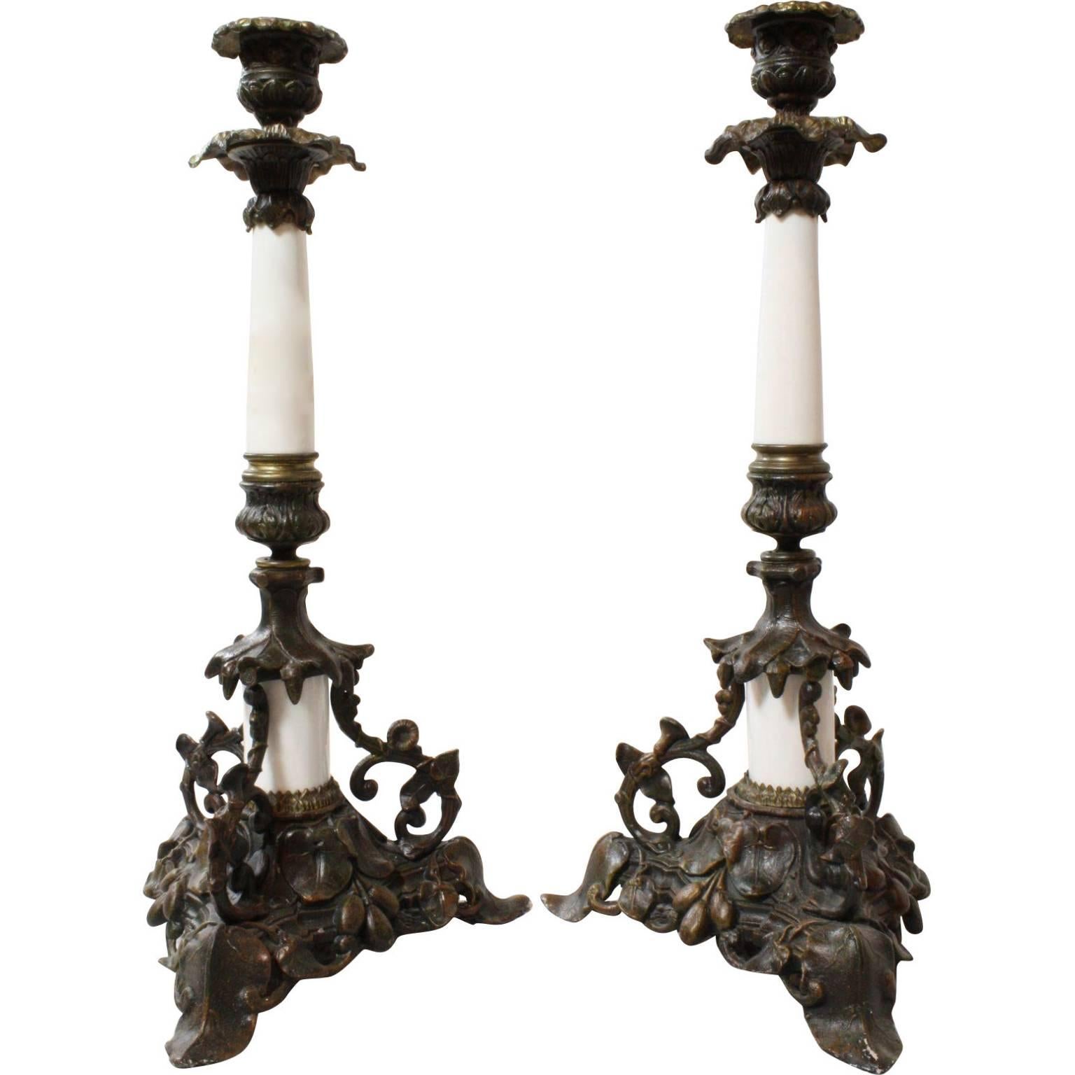 Late 19th Century French Brass and Porcelain Candlesticks, Set of Two