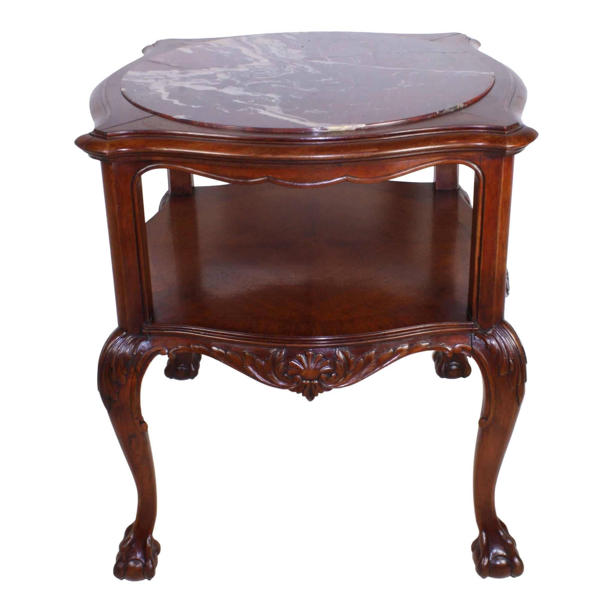 Griotte Marble Late 19th Century Chippendale Style Walnut Occasional Table with Red Marble Top
