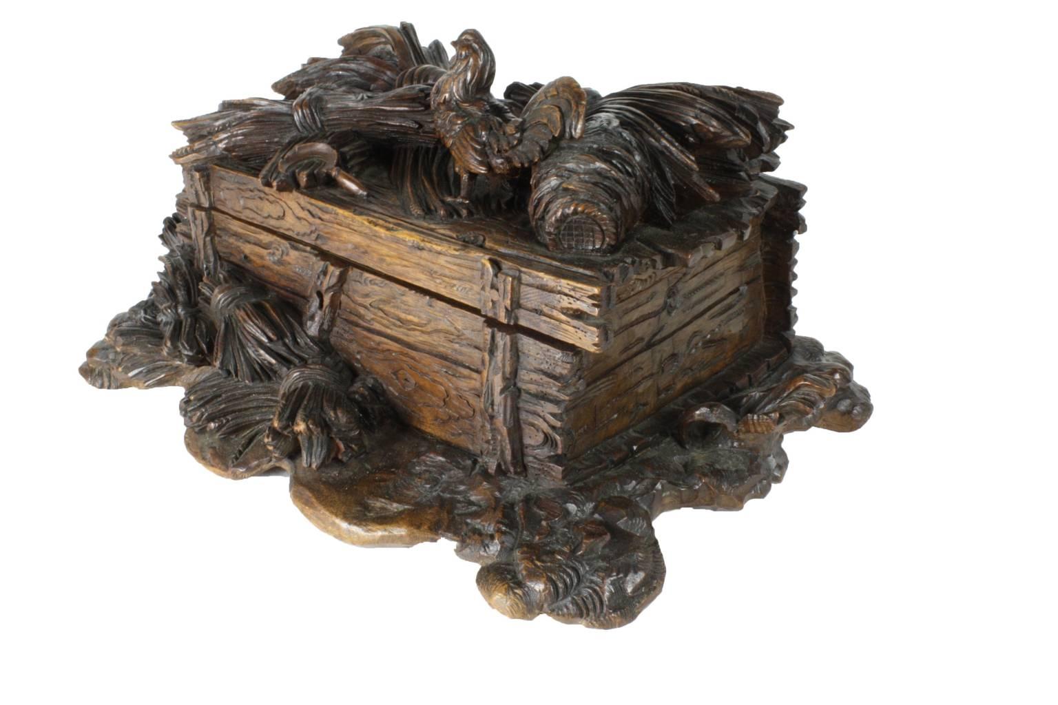 Linden Wood Black Forest Box with Carved Rooster, Sickle and Wheat, circa 1880 In Good Condition In Evergreen, CO